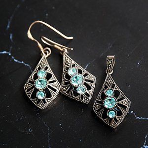 Sterling and Marcasite Earrings and Pendant Blue Glass Stones